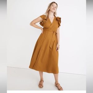 NWT, Madewell Linen Ruffle Sleeve Wrap Midi Dress, Size Medium, Antique Gold